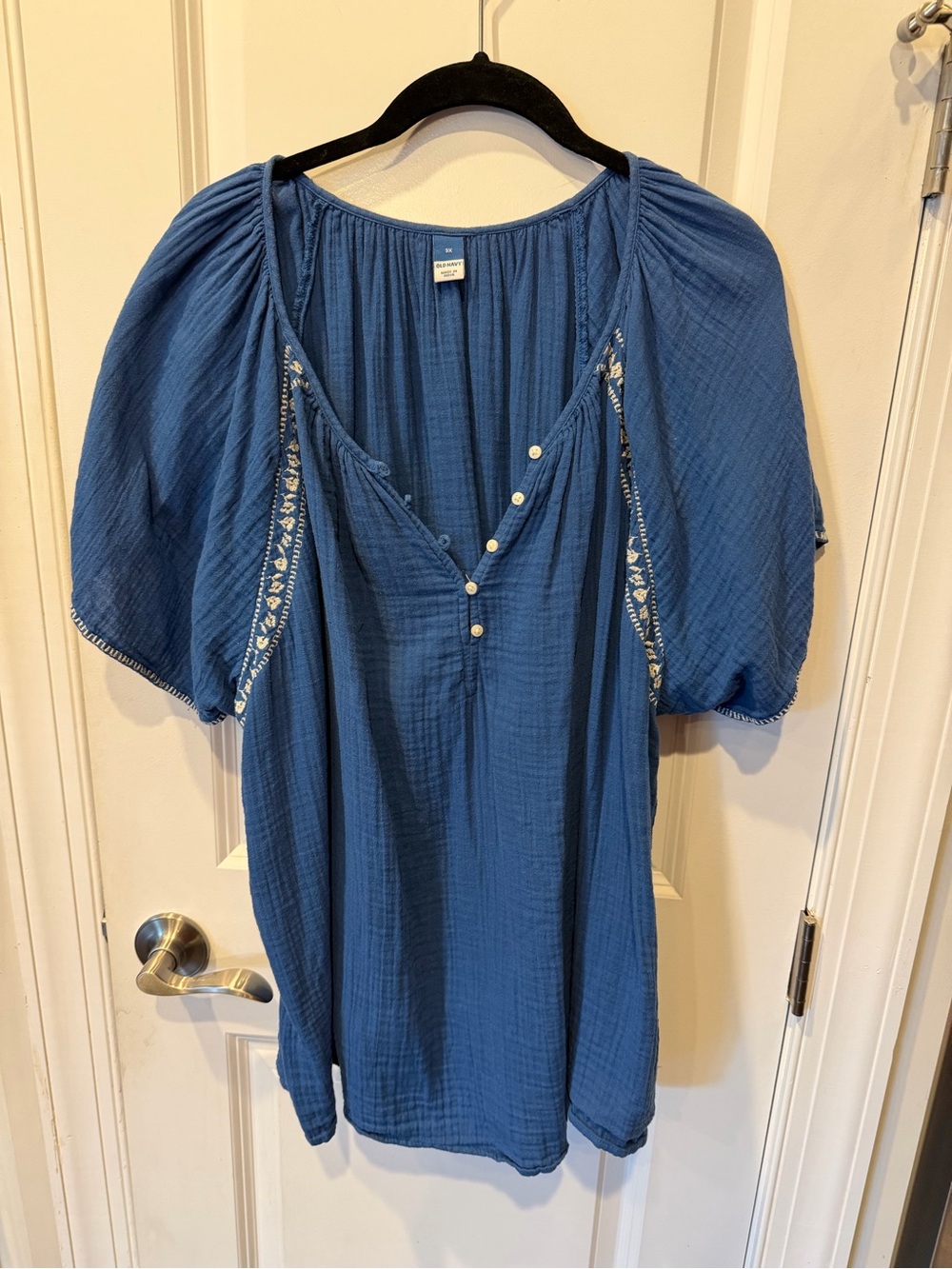 Old Navy Blue Gauze Peasant Tunic with Embroidered Insets